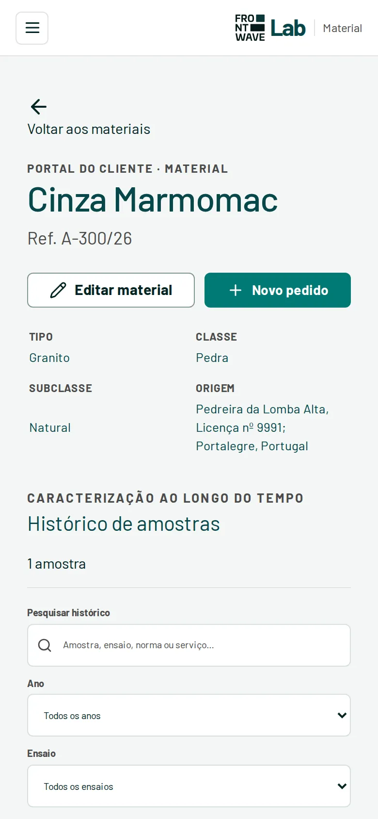 Histórico do material em ecrã estreito